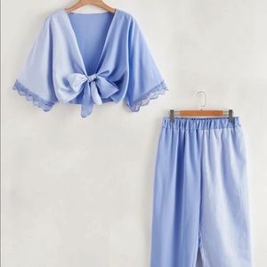 Plus Striped Contrast Lace Tie Front Top w/ Pants